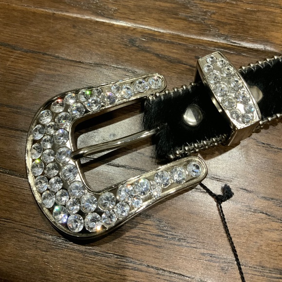 Bling Bling Chrystal belt on black leather-little hairs.  Medium size B.b Simon - Picture 1 of 5